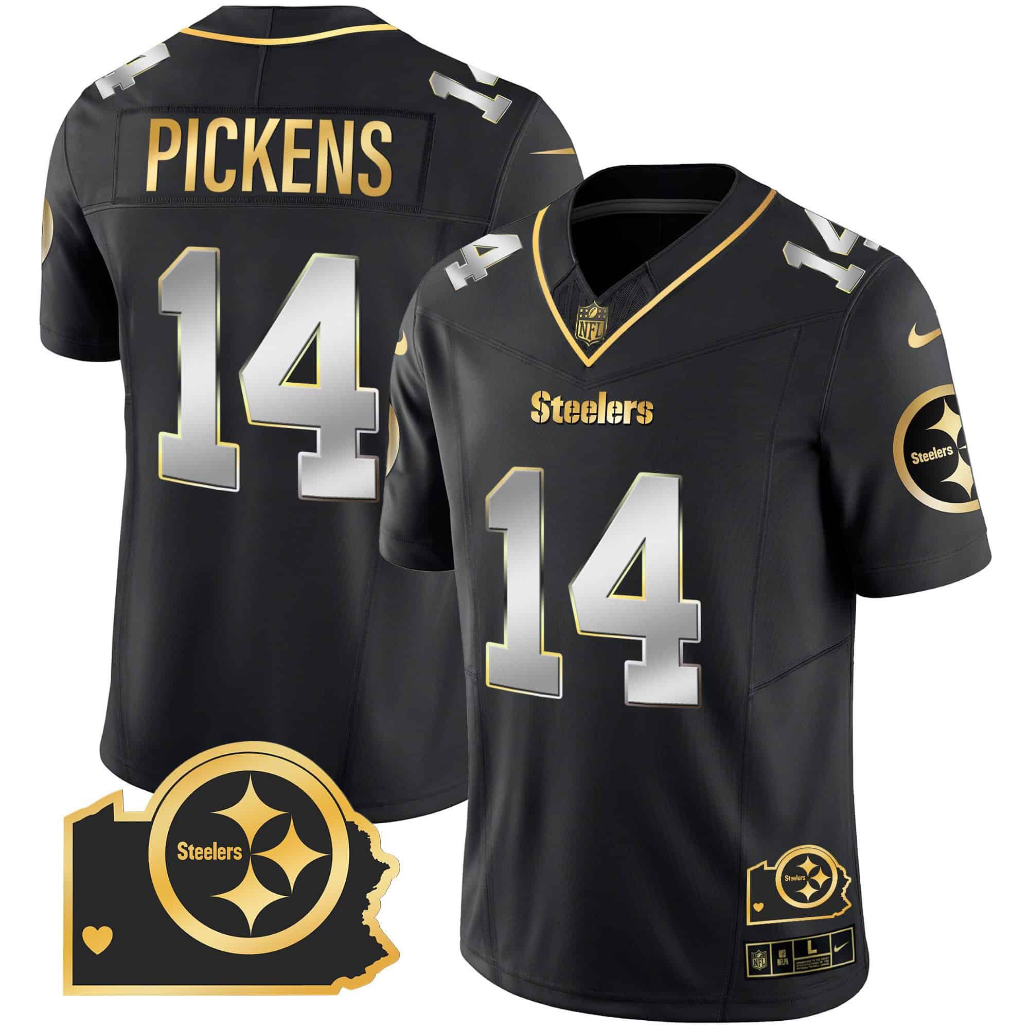 Men Pittsburgh Steelers #14 Pickens Black Gold 2024 Nike Home Patch Vapor Limited NFL Jersey style 1